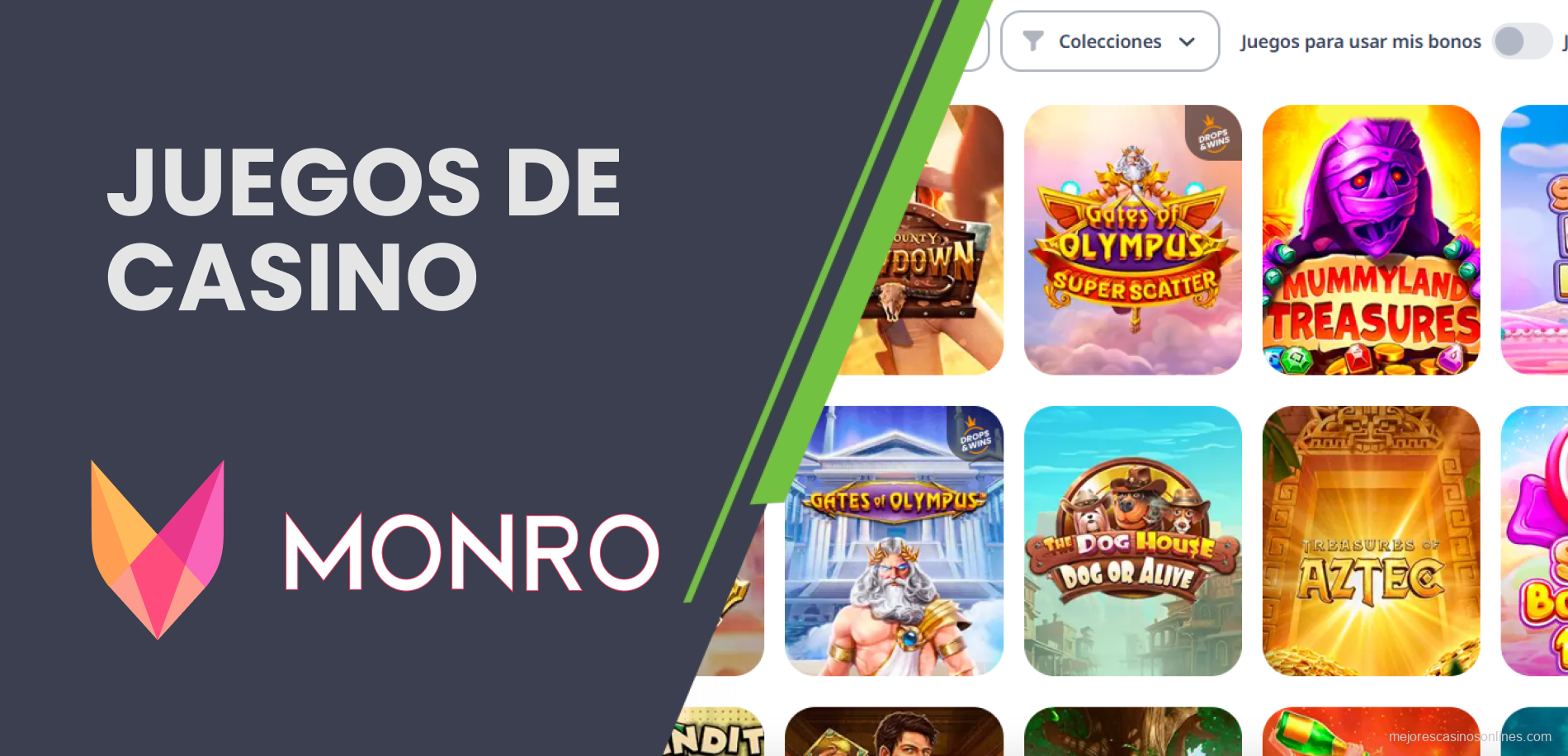 Amplia selección de tragamonedas y juegos en vivo en Monro Argentina